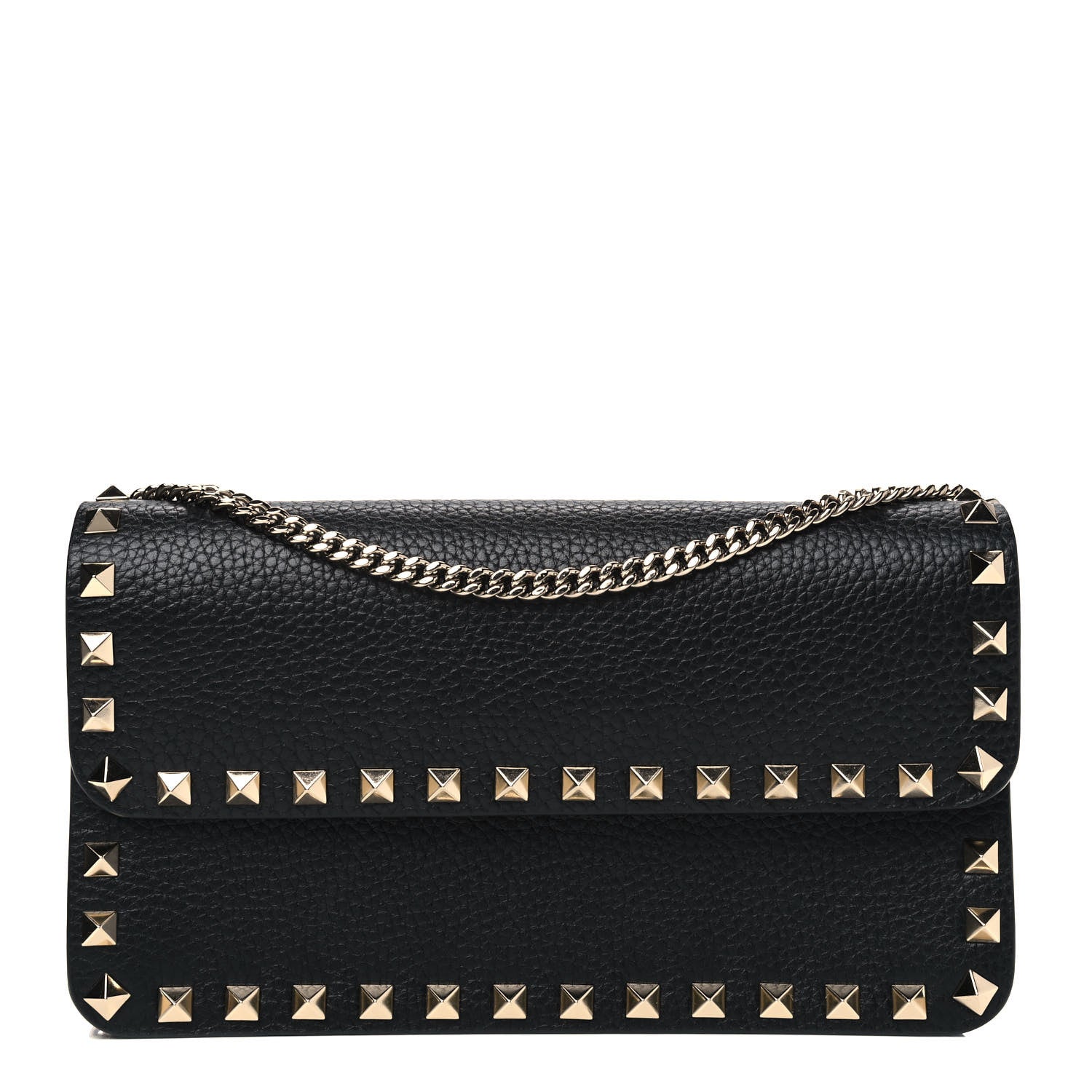 Valentino Garavani Pebbled Calfskin Rockstud Flap Wallet On Chain Black 1 of 4