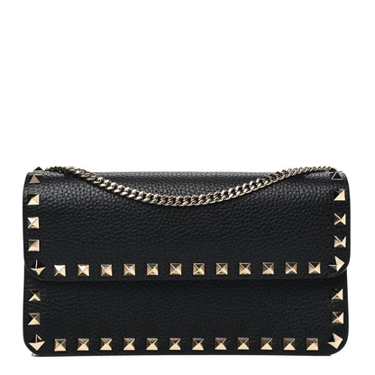 Valentino Garavani Pebbled Calfskin Rockstud Flap Wallet On Chain Black 1 of 4