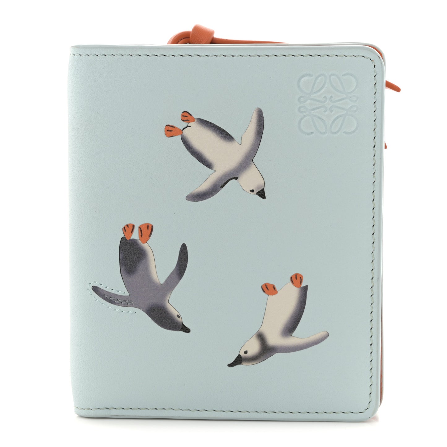 X SUNA FUJITA Satin Calfskin Penguins Compact Zip Wallet Blue Iceberg