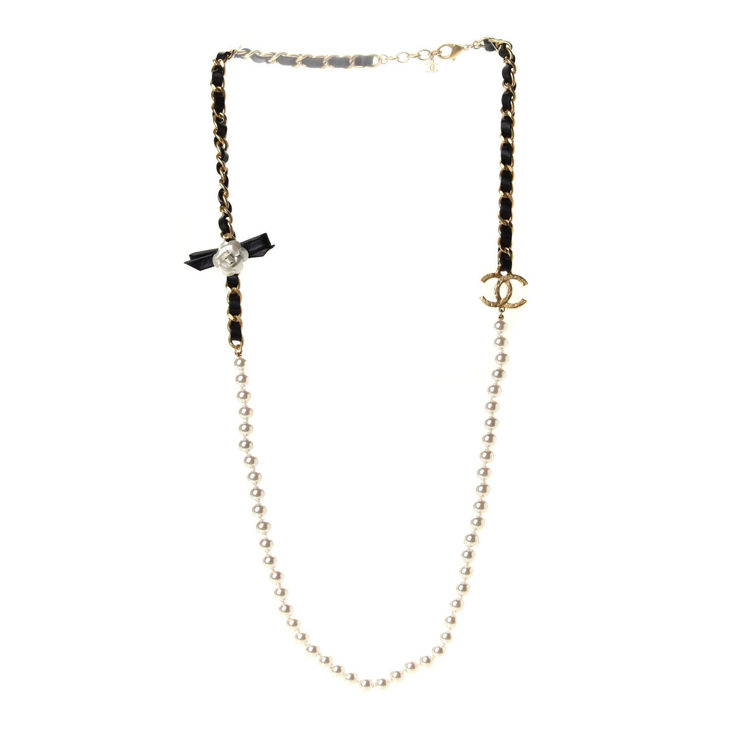 Calfskin Pearl Chain 90's Camellia Long Necklace Black Gold