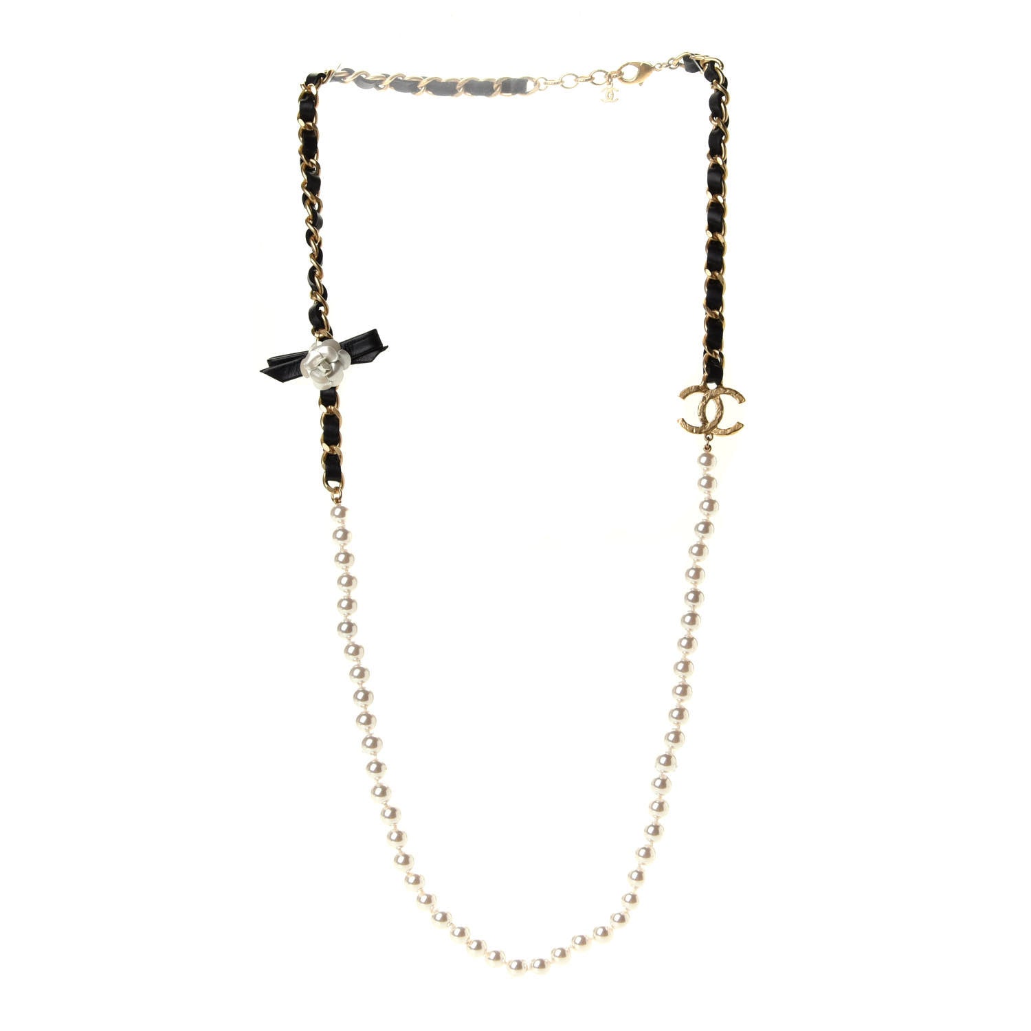 Chanel Calfskin Pearl Chain 90's Camellia Long Necklace Black Gold 2 of 4