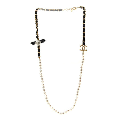 Chanel Calfskin Pearl Chain 90's Camellia Long Necklace Black Gold 2 of 4