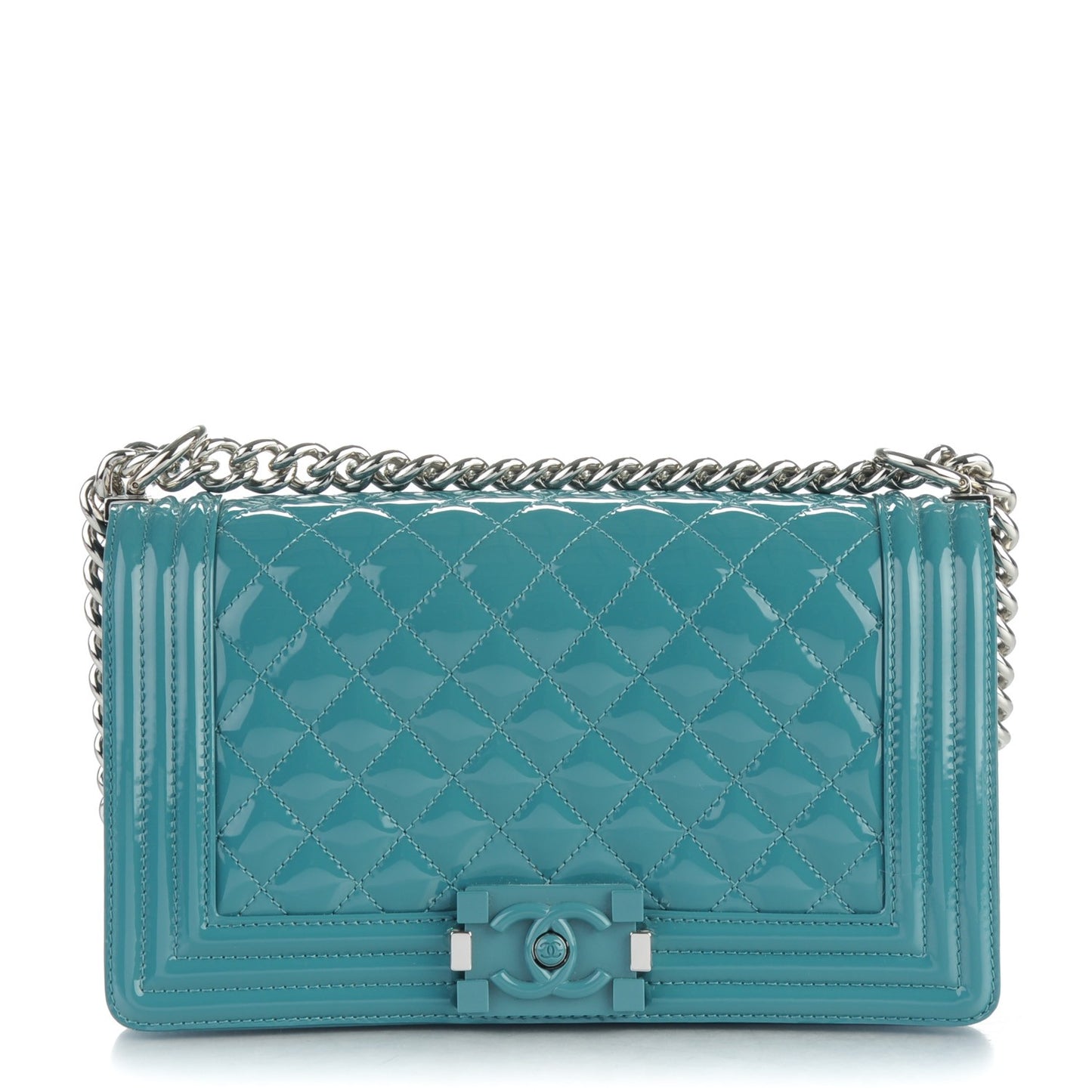 Patent Calfskin Quilted Medium Plexiglass Boy Flap Blue