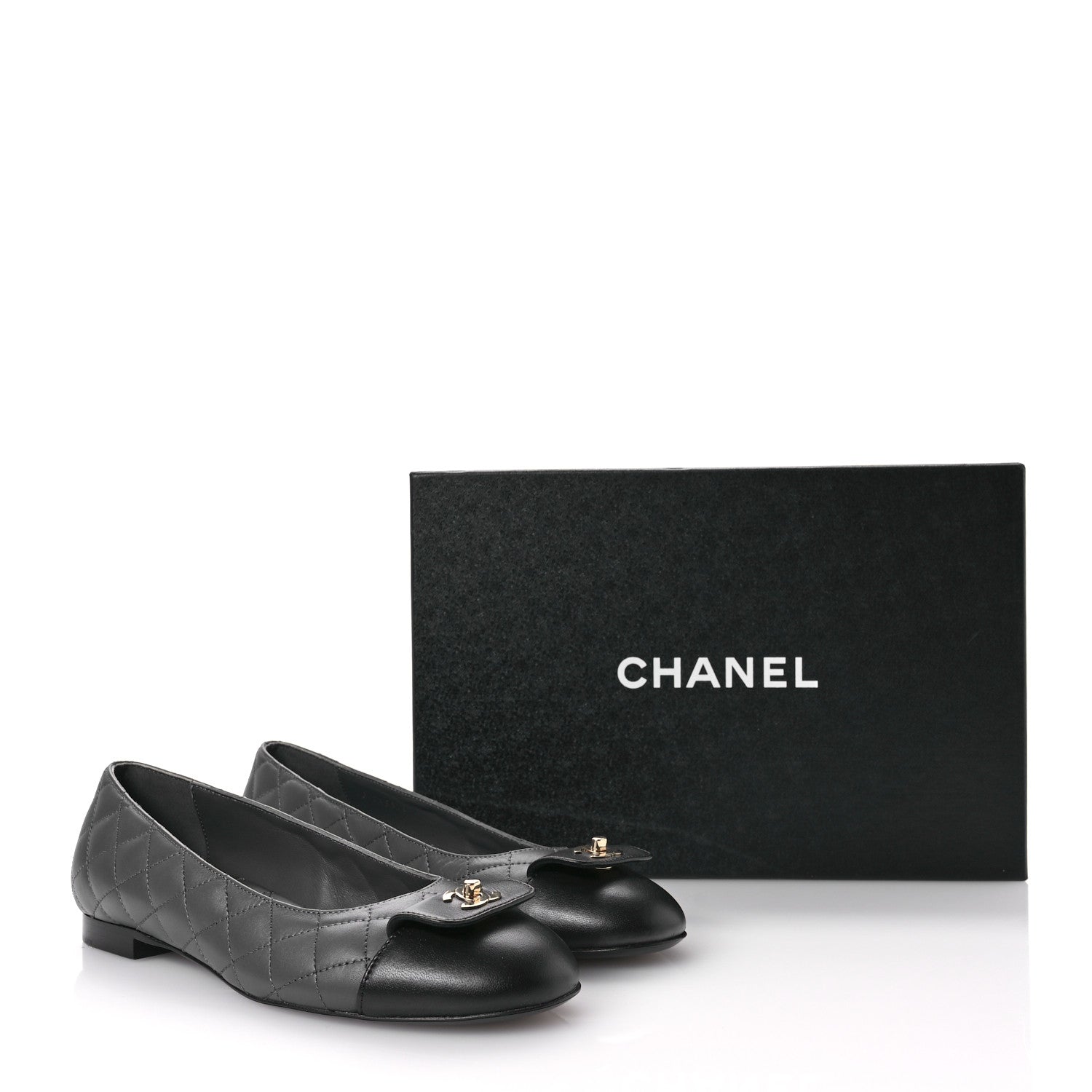 Chanel Calfskin Lambskin Quilted CC Ballerina Flats 37.5 Grey Black 9 of 10