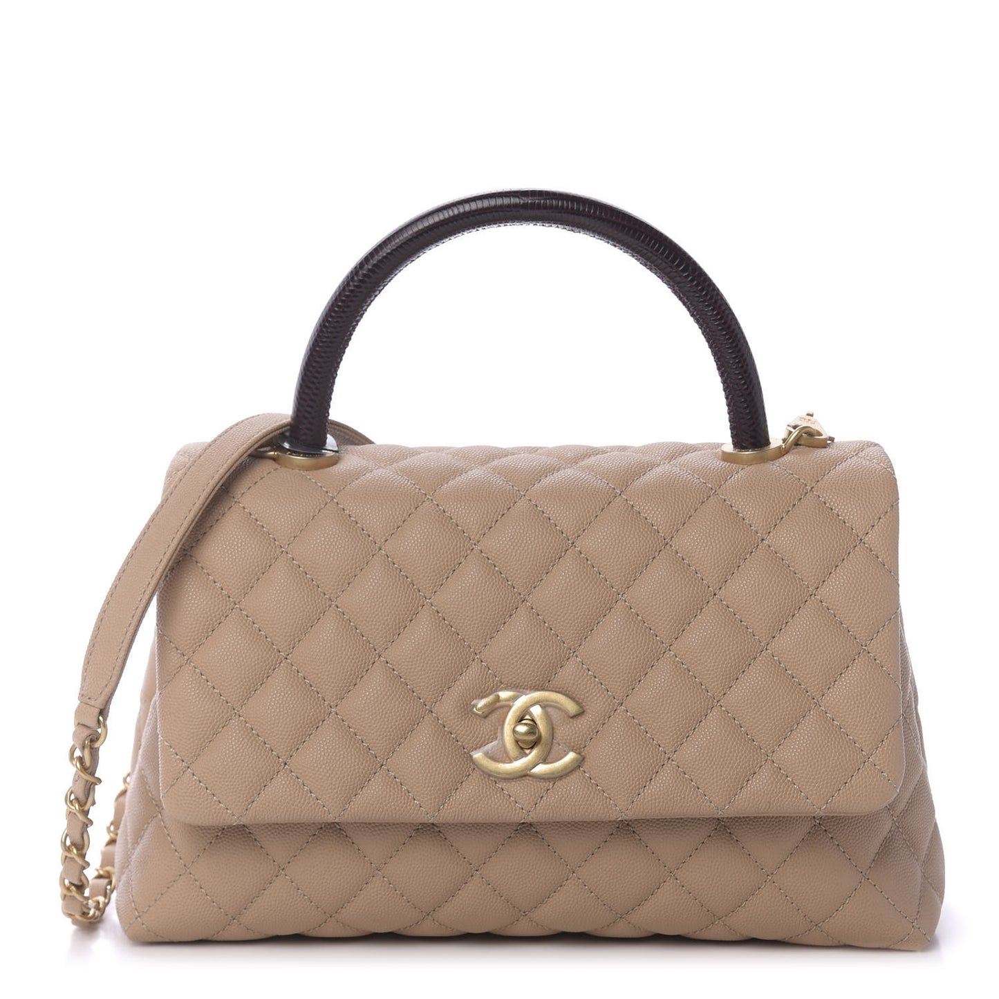 Caviar Lizard Embossed Quilted Small Coco Handle Flap Beige