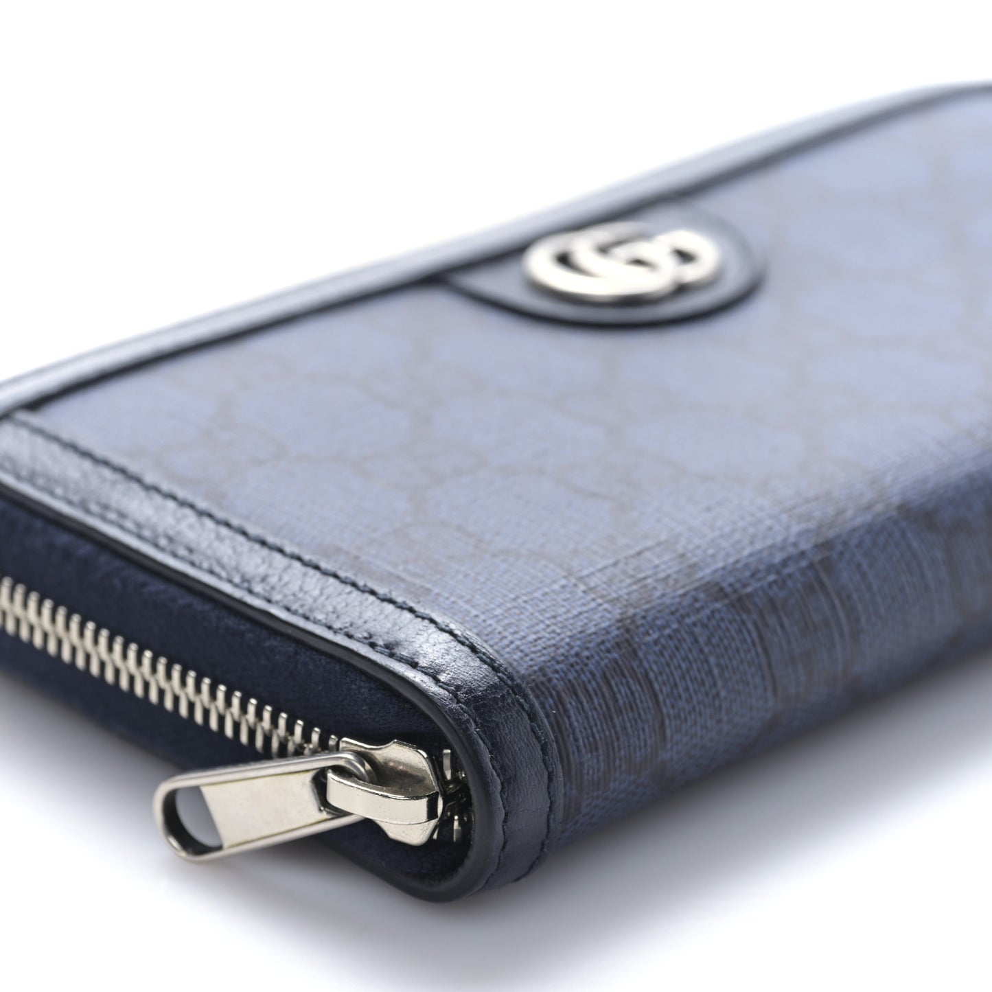 GG Supreme Monogram Textured Dollar Calfskin Ophidia Zip Around Wallet Blue Dark Blue