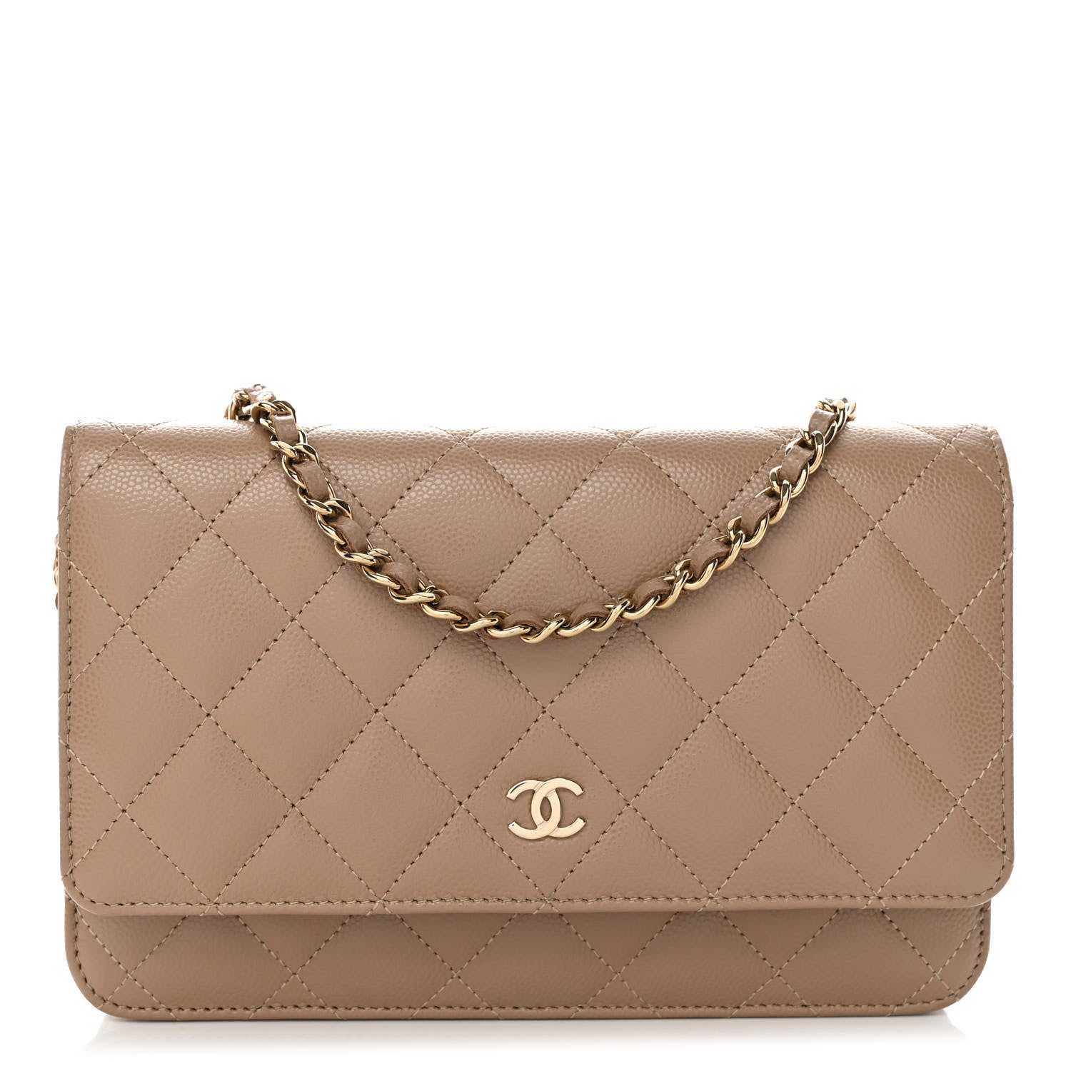 CHANEL Caviar Quilted Wallet on Chain WOC in the color Dark Beige by FASHIONPHILE