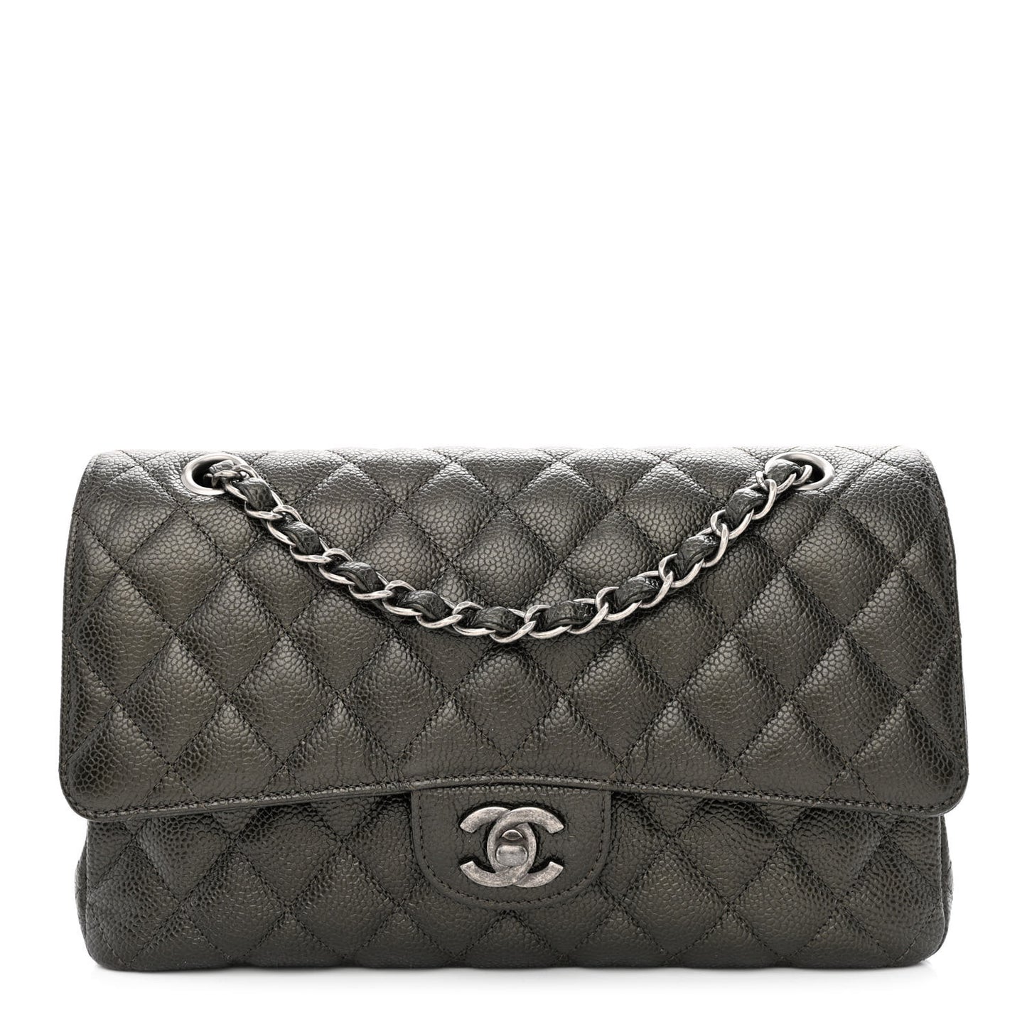 Metallic Caviar Quilted Medium Double Flap Dark Charcoal