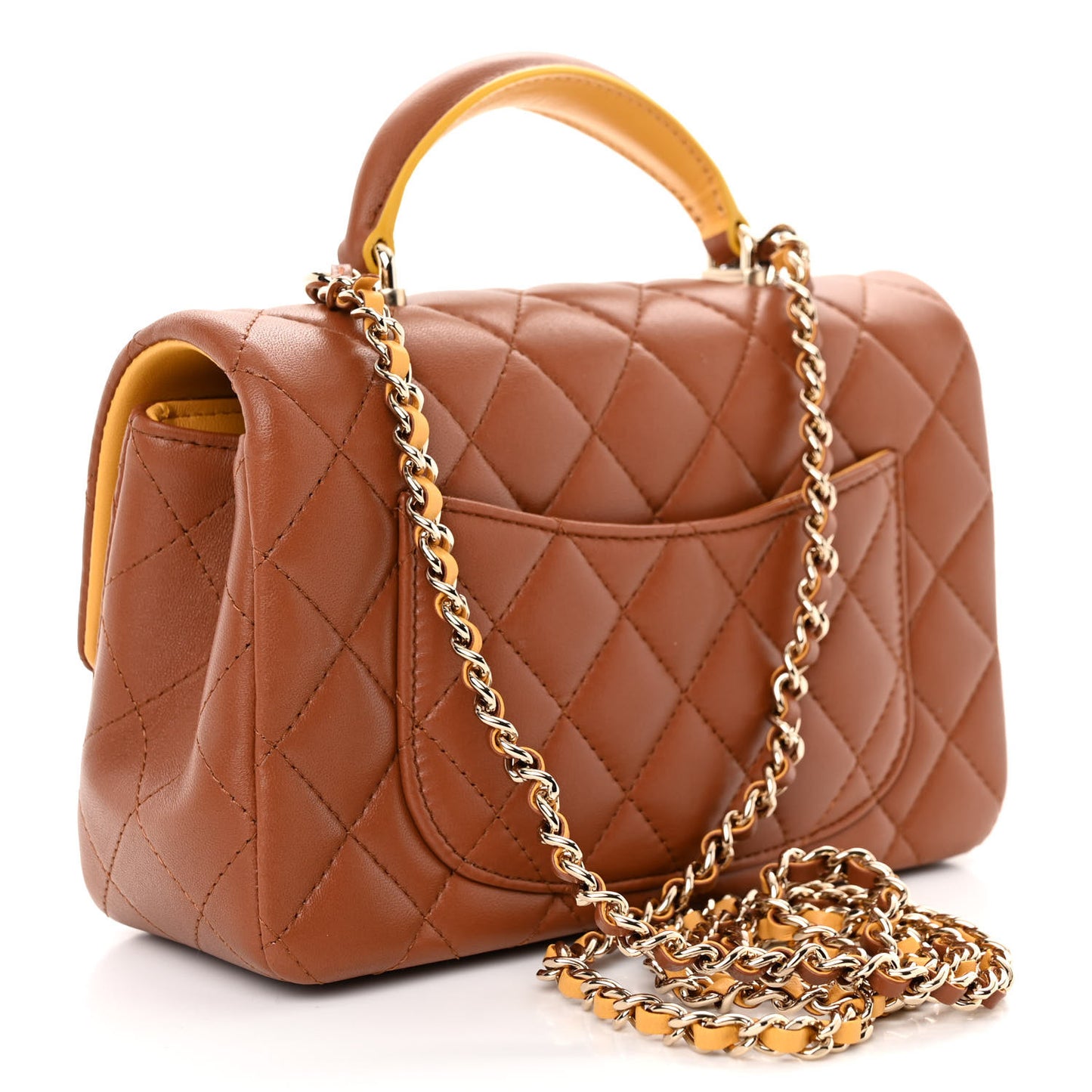 Lambskin Quilted Bi-Color Mini Top Handle Rectangular Flap Light Brown Yellow