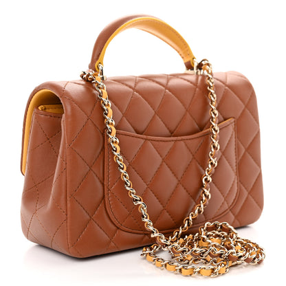 Chanel Lambskin Quilted Bi-Color Mini Top Handle Rectangular Flap Light Brown Yellow 3 of 11