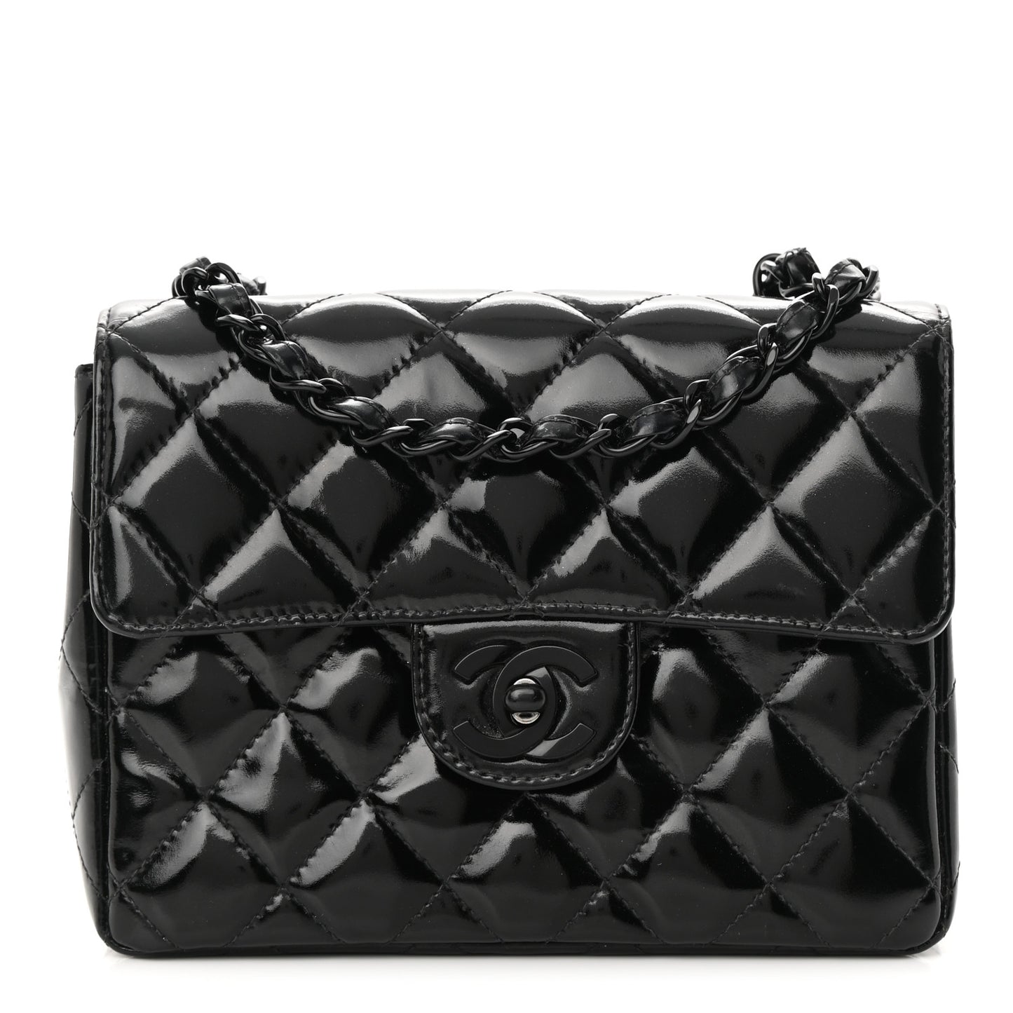 Patent Calfskin Quilted Mini Square Flap So Black