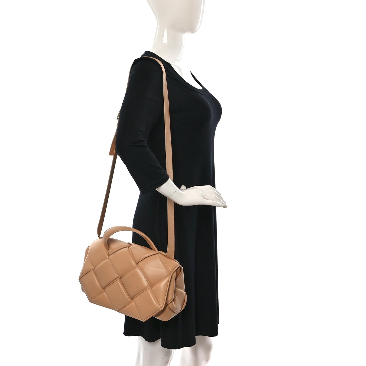Nappa Intreccio Padded Top Handle Shoulder Bag Almond
