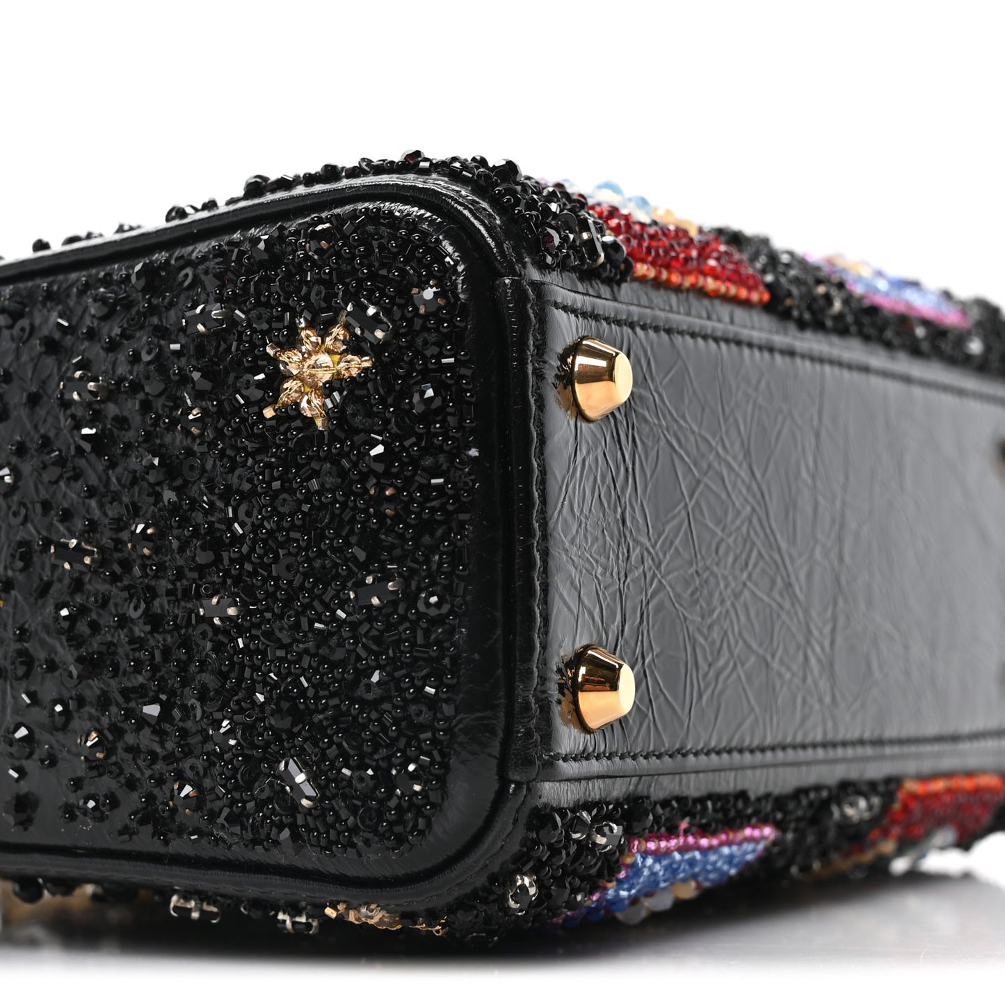 X DOROTHY IANNONE Crinkled Calfskin Crystal Beaded Mini Lady Dior Art Black Multicolor