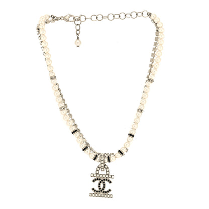 Chanel Pearl Crystal CC Choker Necklace Silver White Black 1 of 5