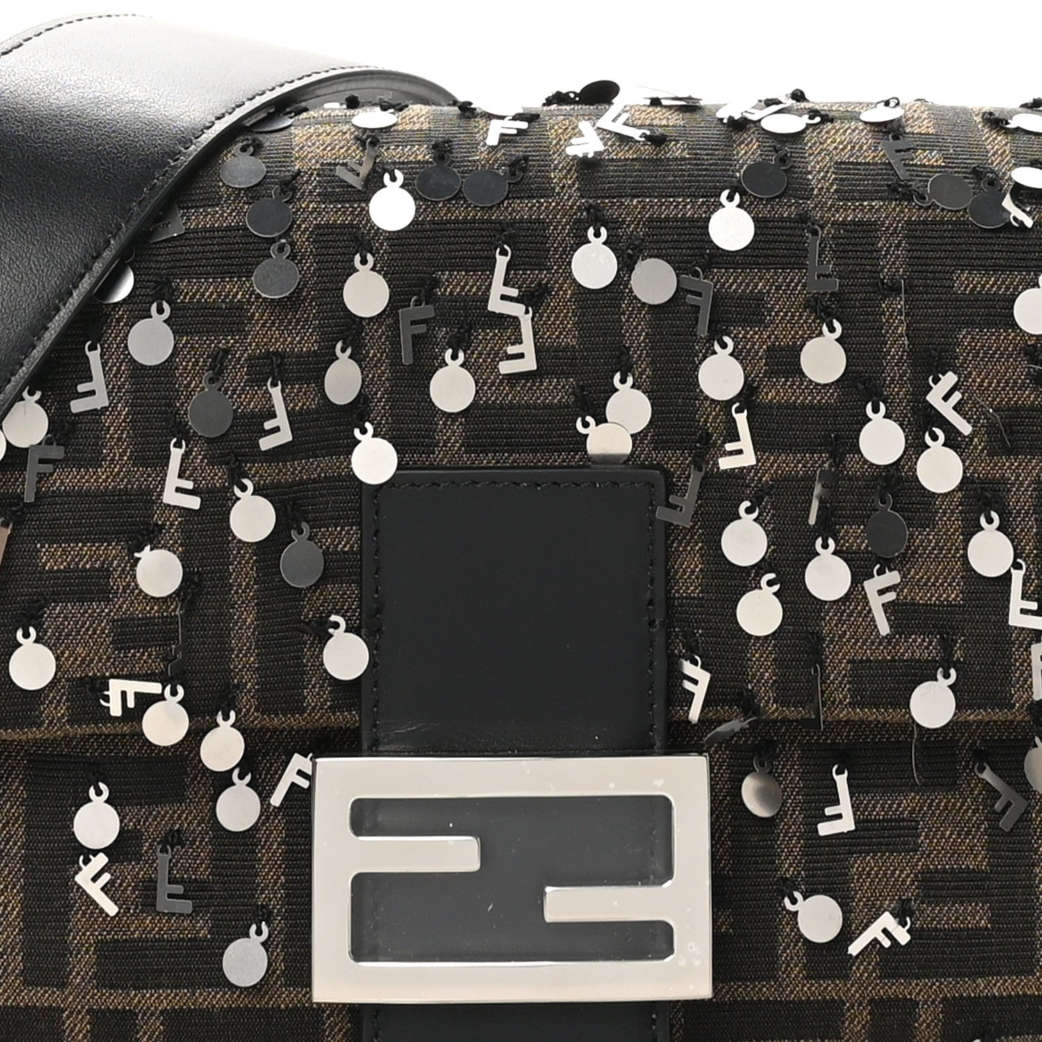 Fendi Fabric Jacquard F Paillettes Vitello Cover FF 1974 Embroidered Baguette Tobacco Moro Argento 8 of 10