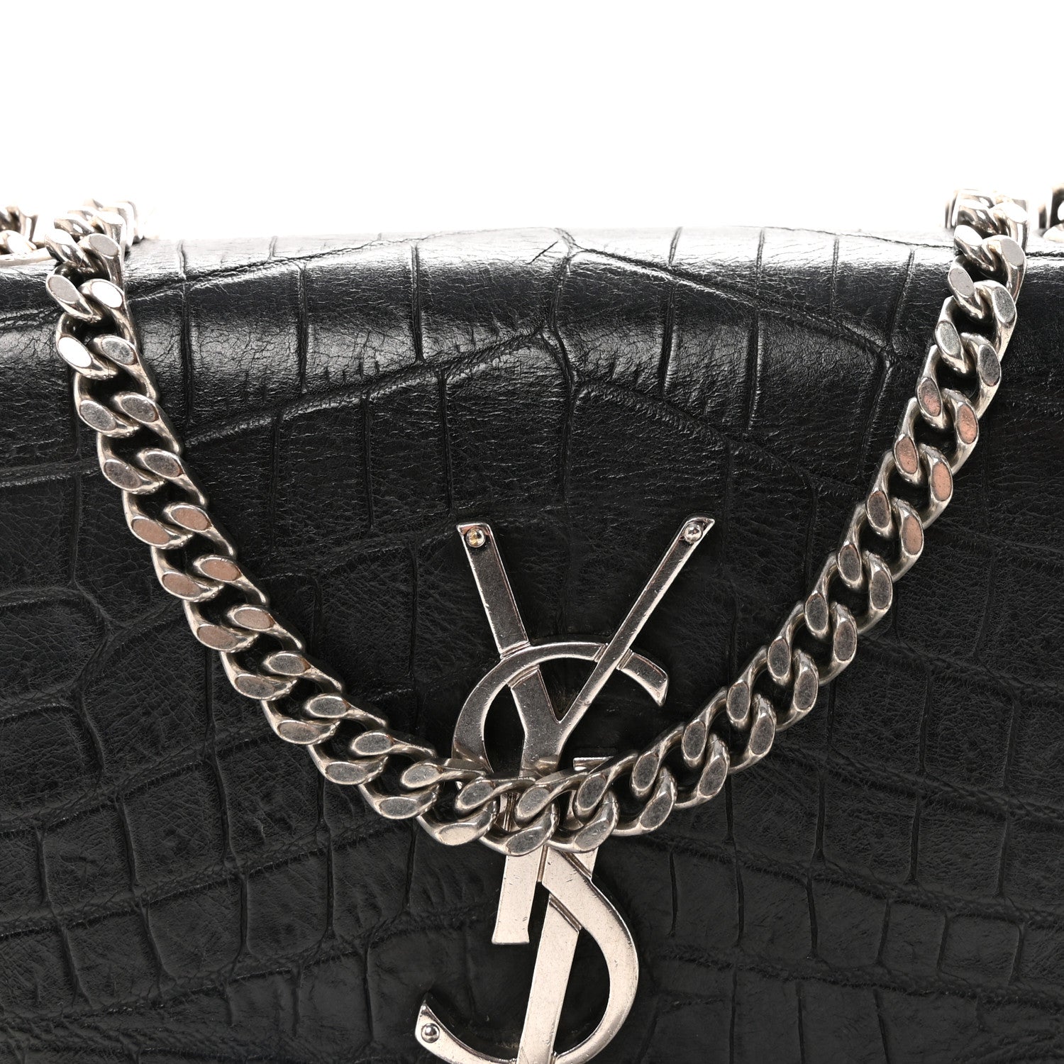 Saint Laurent Calfskin Crocodile Embossed Small Classic Monogram Kate Tassel Satchel Black 8 of 10