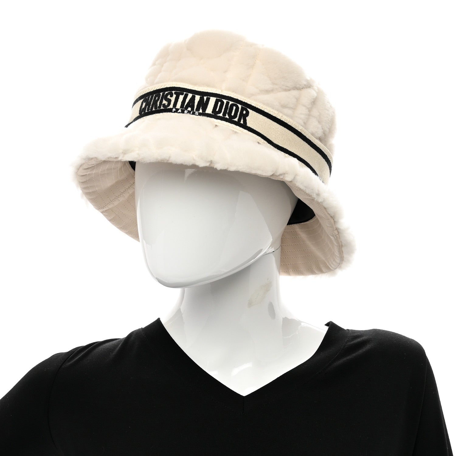 Christian Dior Shearling Cannage D-Bobby Bucket Hat 58 Ecru