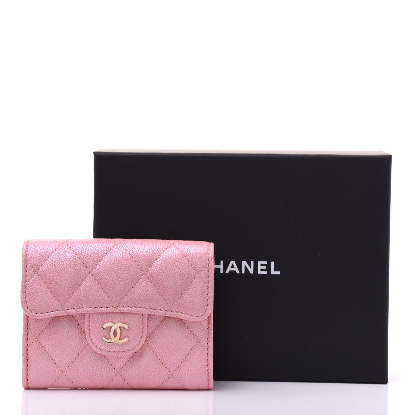 Iridescent Caviar Flap Quilted Card Holder Wallet Pink