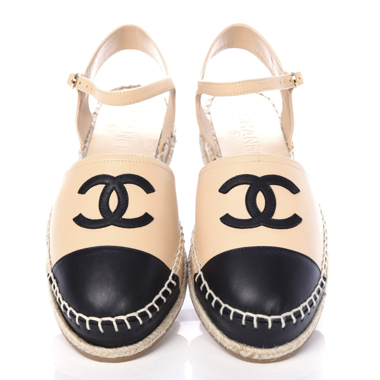 Chanel Lambskin Cap Toe CC Espadrille Sandals 39 Beige Black 5 of 10