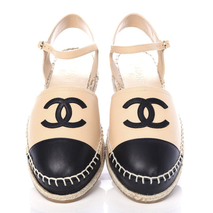Chanel Lambskin Cap Toe CC Espadrille Sandals 39 Beige Black 5 of 10