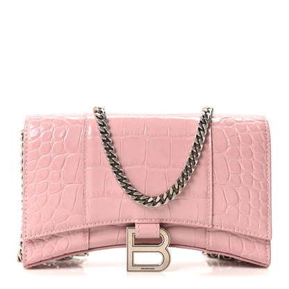 Balenciaga Shiny Calfskin Crocodile Embossed Hourglass Chain Bag Powder Pink 1 of 9