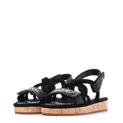 Chanel Cord Lambskin Quilted Logo Sandals 36 Black 3 of 13