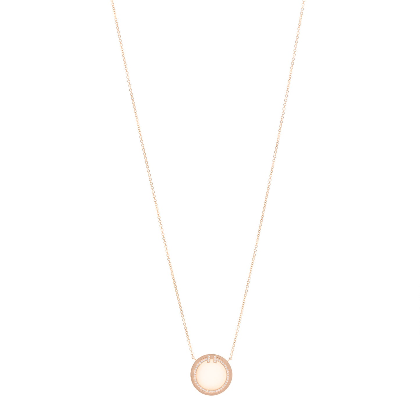 18K Rose Gold Diamond Pink Opal T Circle Pendant Necklace