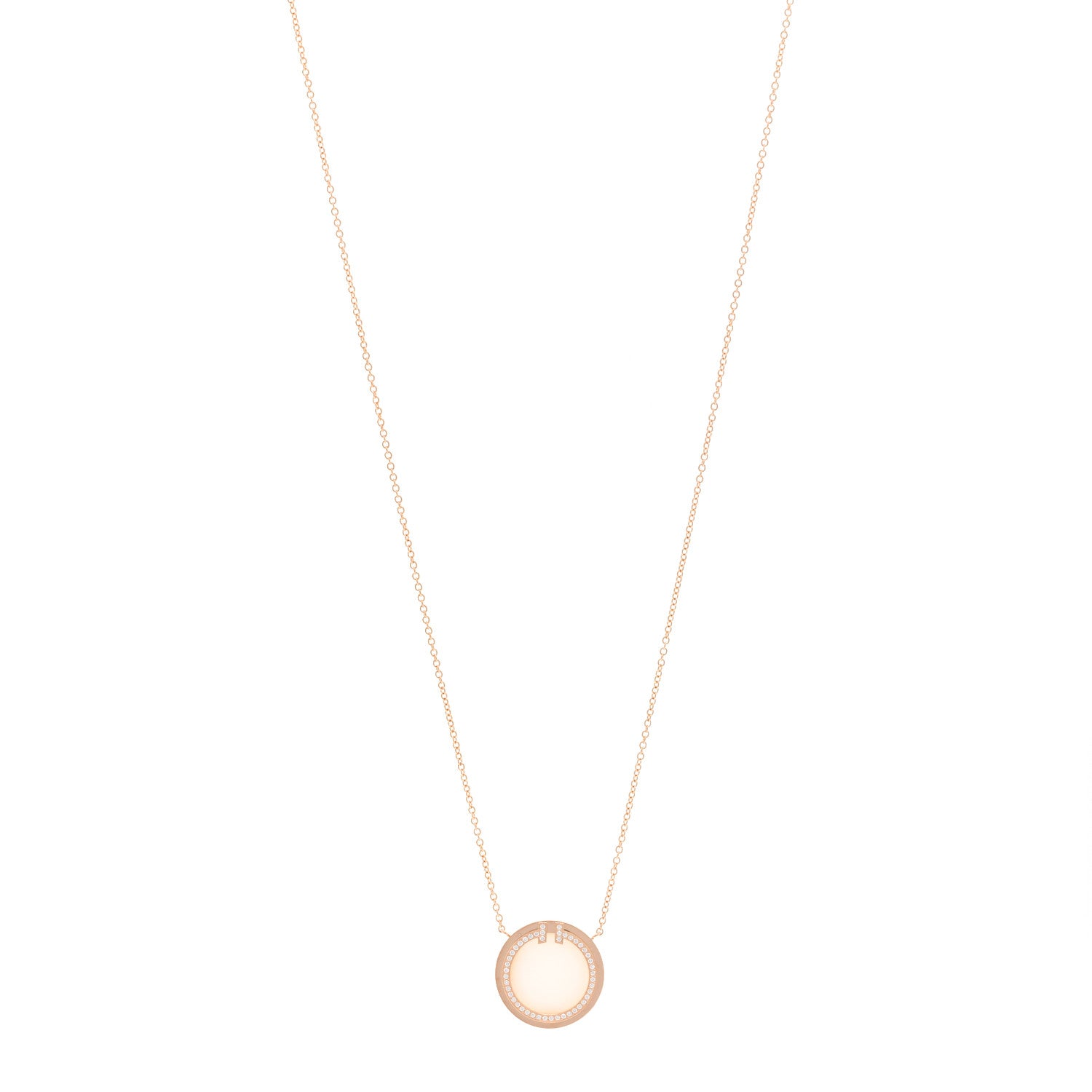 Tiffany 18K Rose Gold Diamond Pink Opal T Circle Pendant Necklace 1 of 5