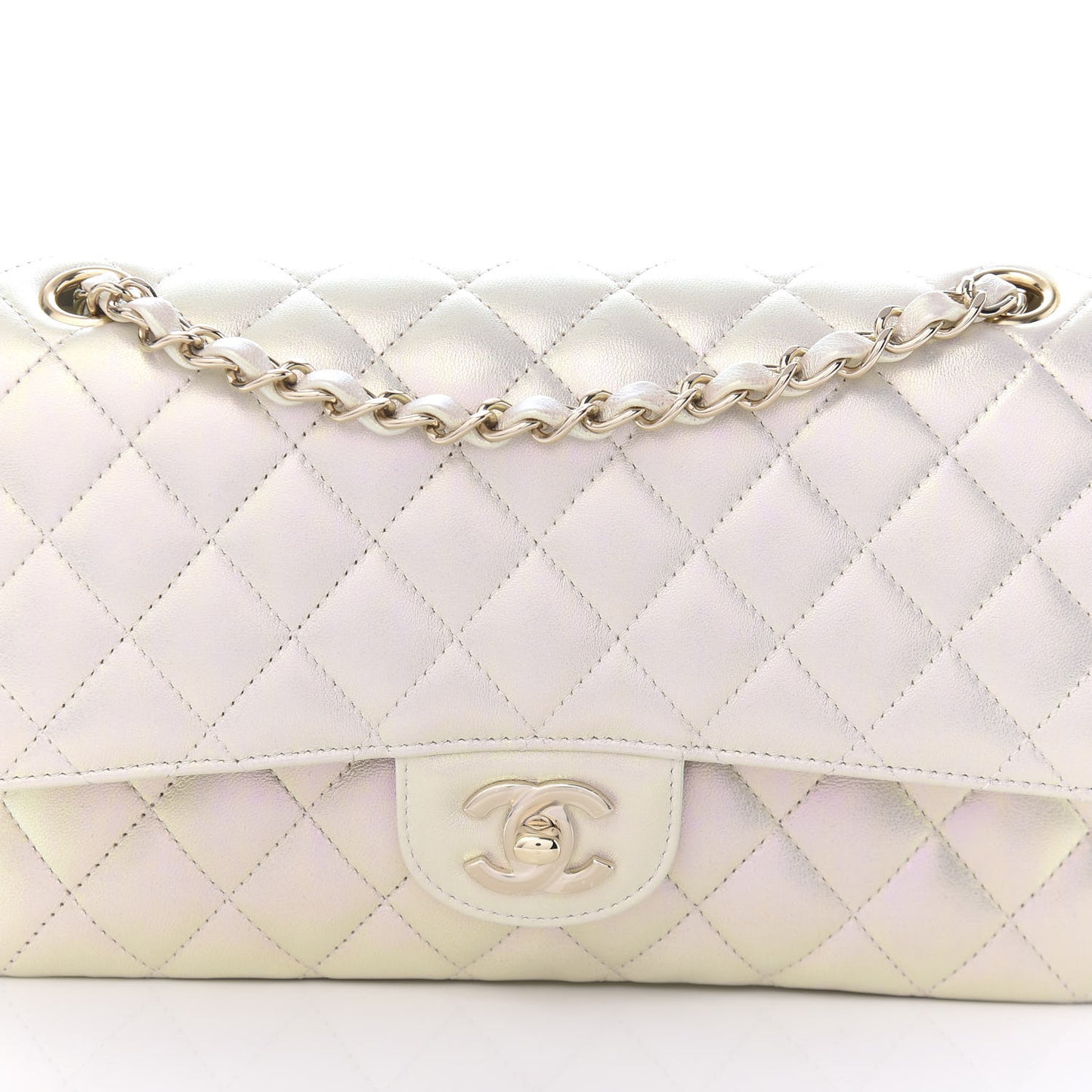 Iridescent Lambskin Quilted Medium Double Flap Ivory