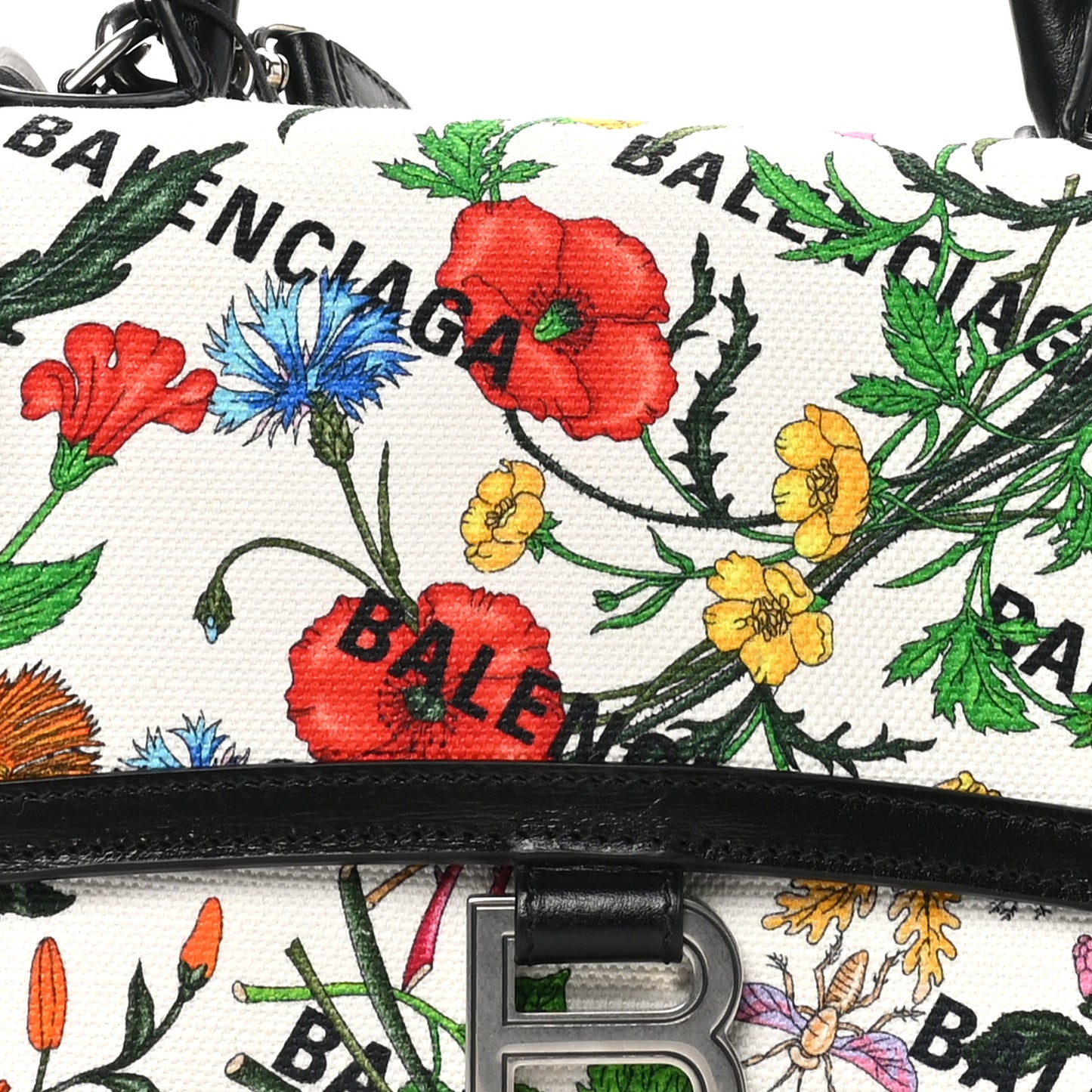 X GUCCI Canvas Boarded Plutone Calfskin Flora Logo Print Small Hourglass Top Handle Bag White Multicolor Black