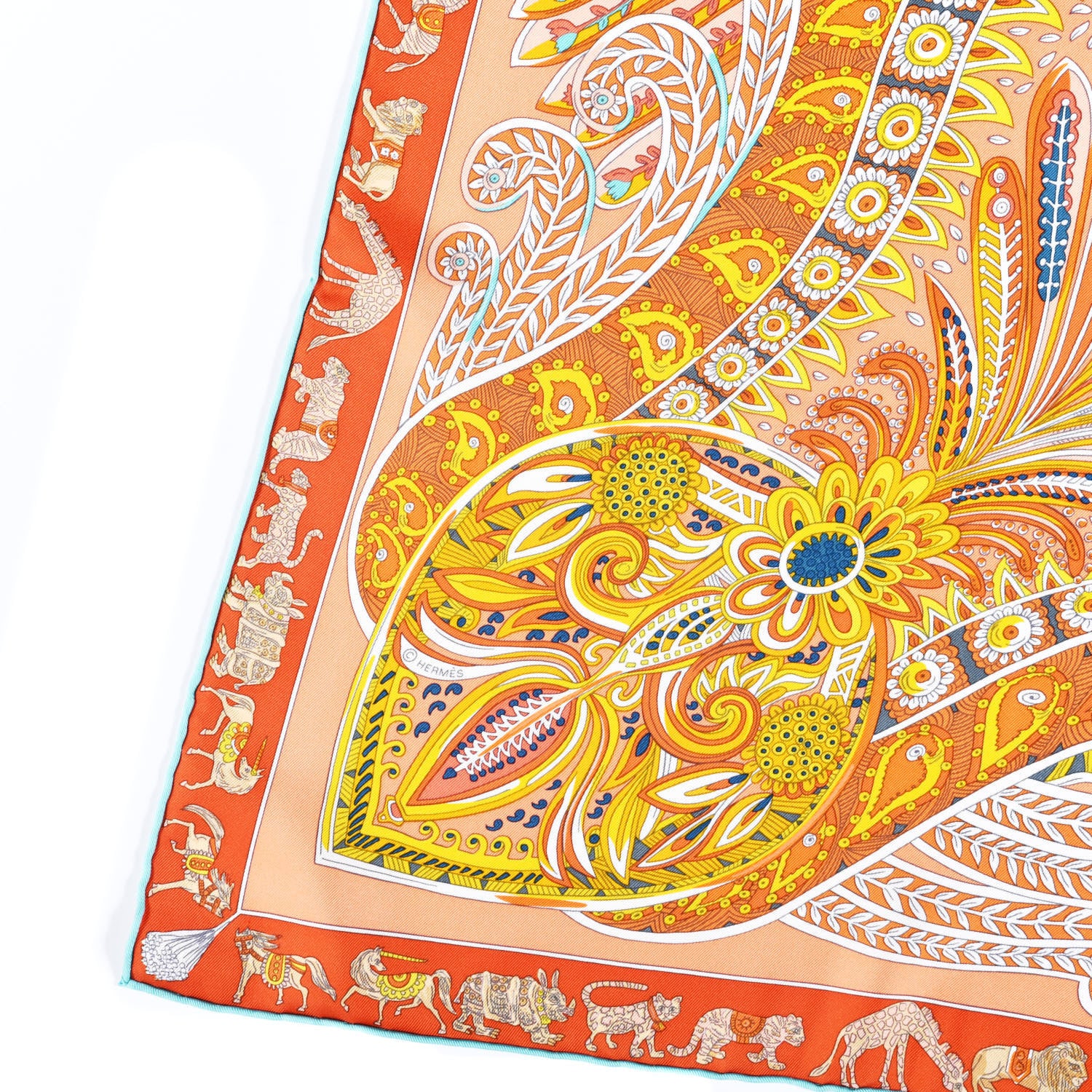 Hermes Silk Le Jardin De La Maharani Scarf 90 Saumon Orange Turquoise 3 of 4