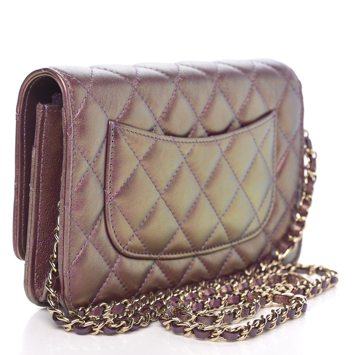 Iridescent Lambskin Quilted Wallet On Chain WOC Purple
