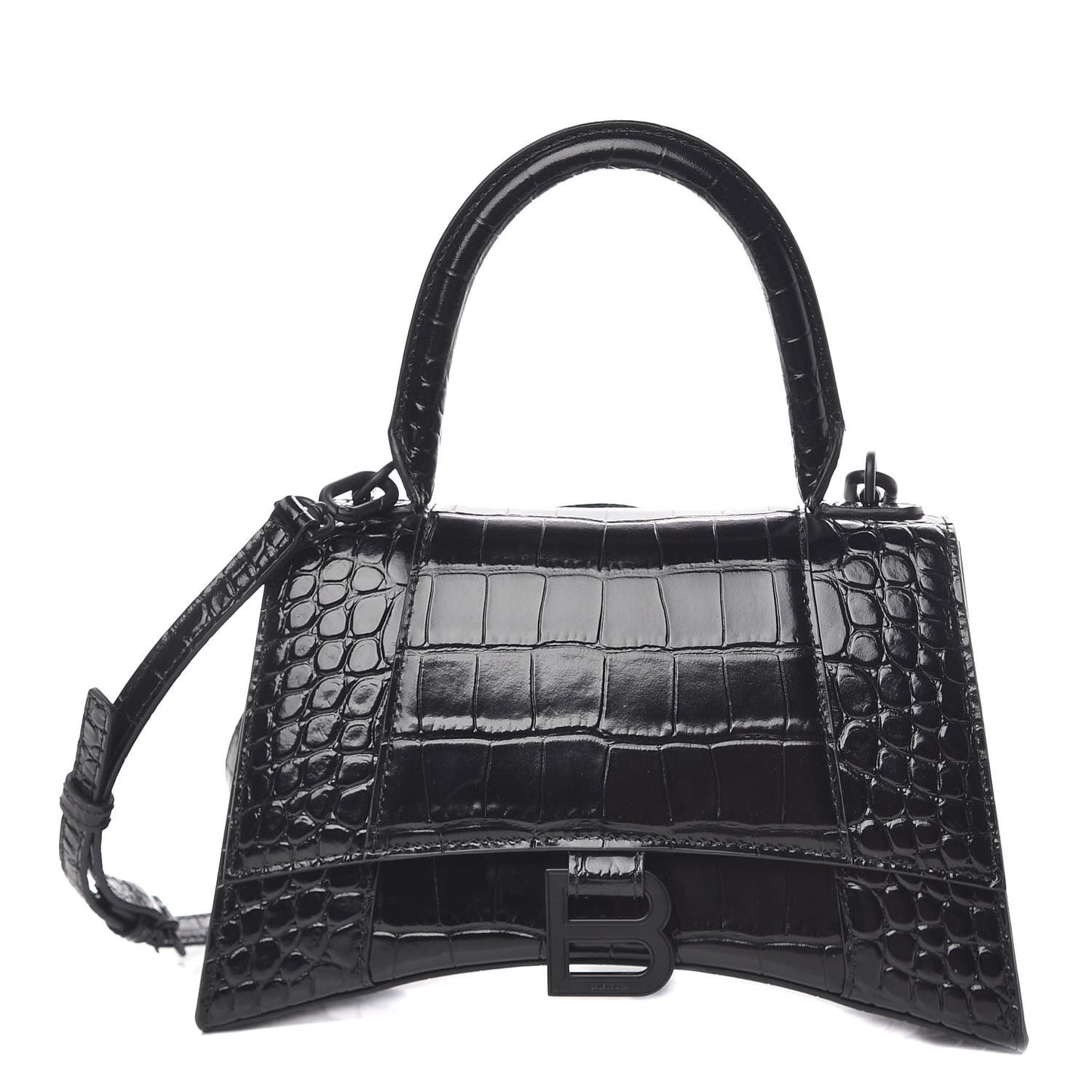 Shiny Calfskin Monochrome Crocodile Embossed Small Hourglass Top Handle Bag Black