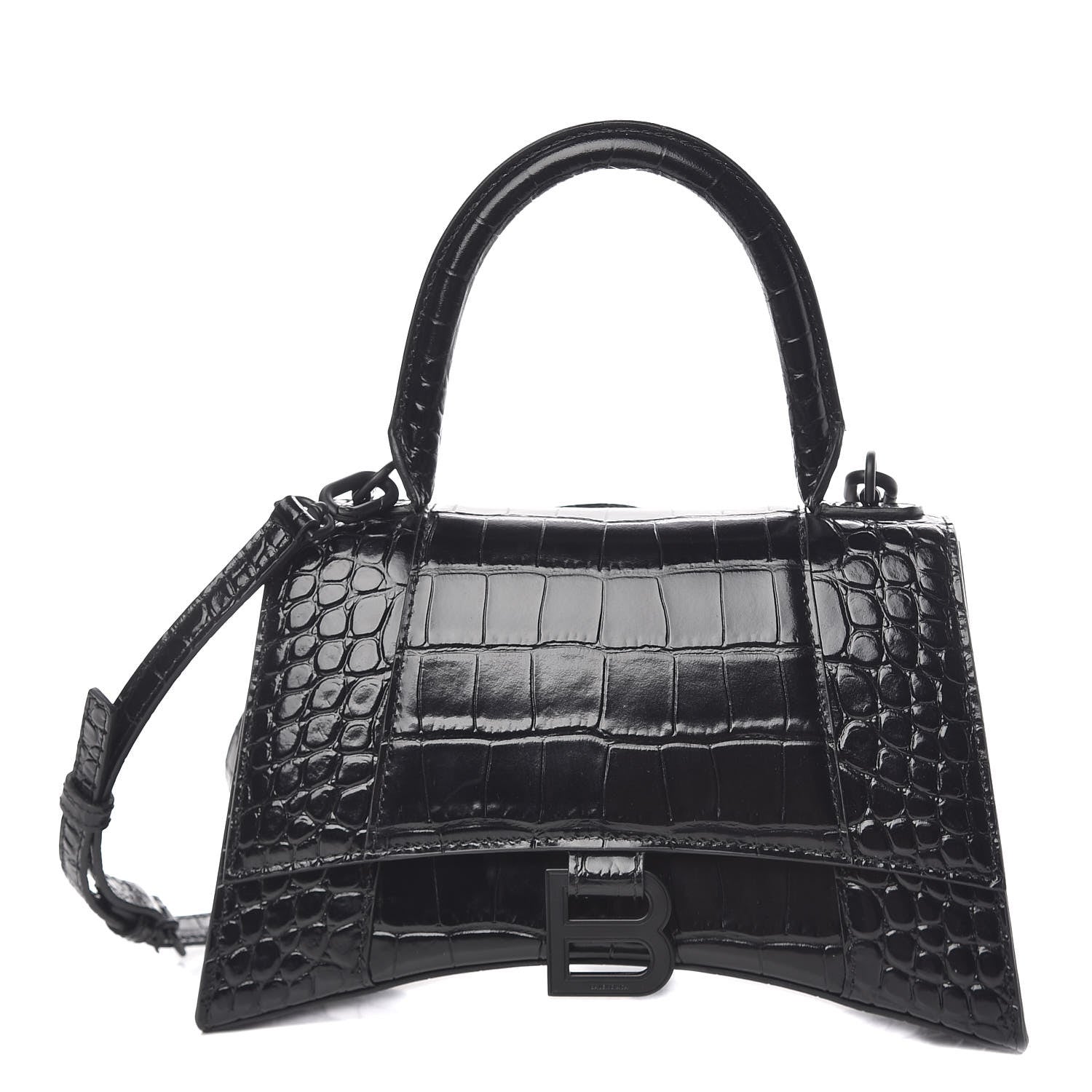 Balenciaga Shiny Calfskin Monochrome Crocodile Embossed Small Hourglass Top Handle Bag Black 1 of 12
