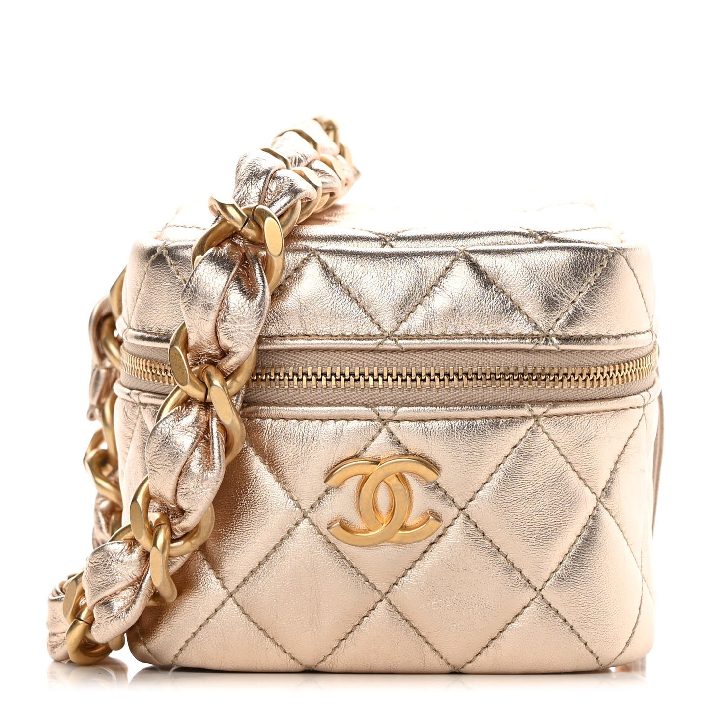 Metallic Lambskin Quilted Cube Chain Wristlet Case Gold