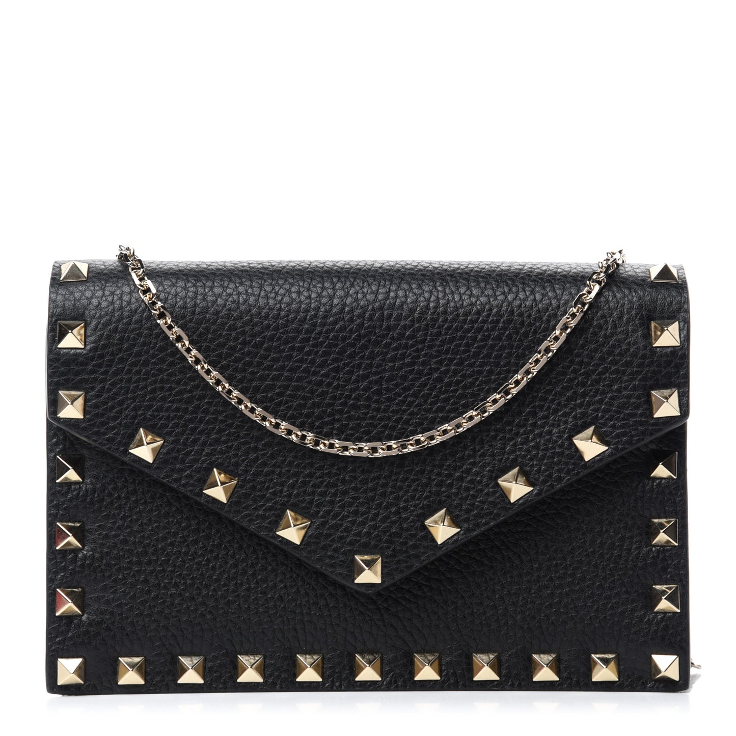 Pebbled Calfskin Rockstud Envelope Wallet on Chain Black
