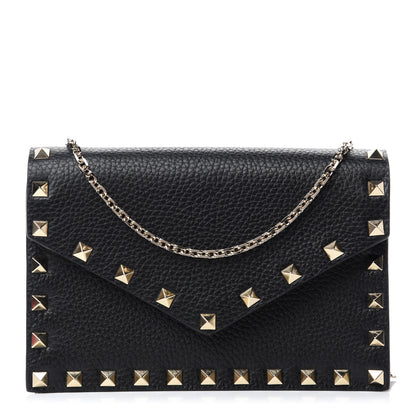Valentino Garavani Pebbled Calfskin Rockstud Envelope Wallet on Chain Black 1 of 10