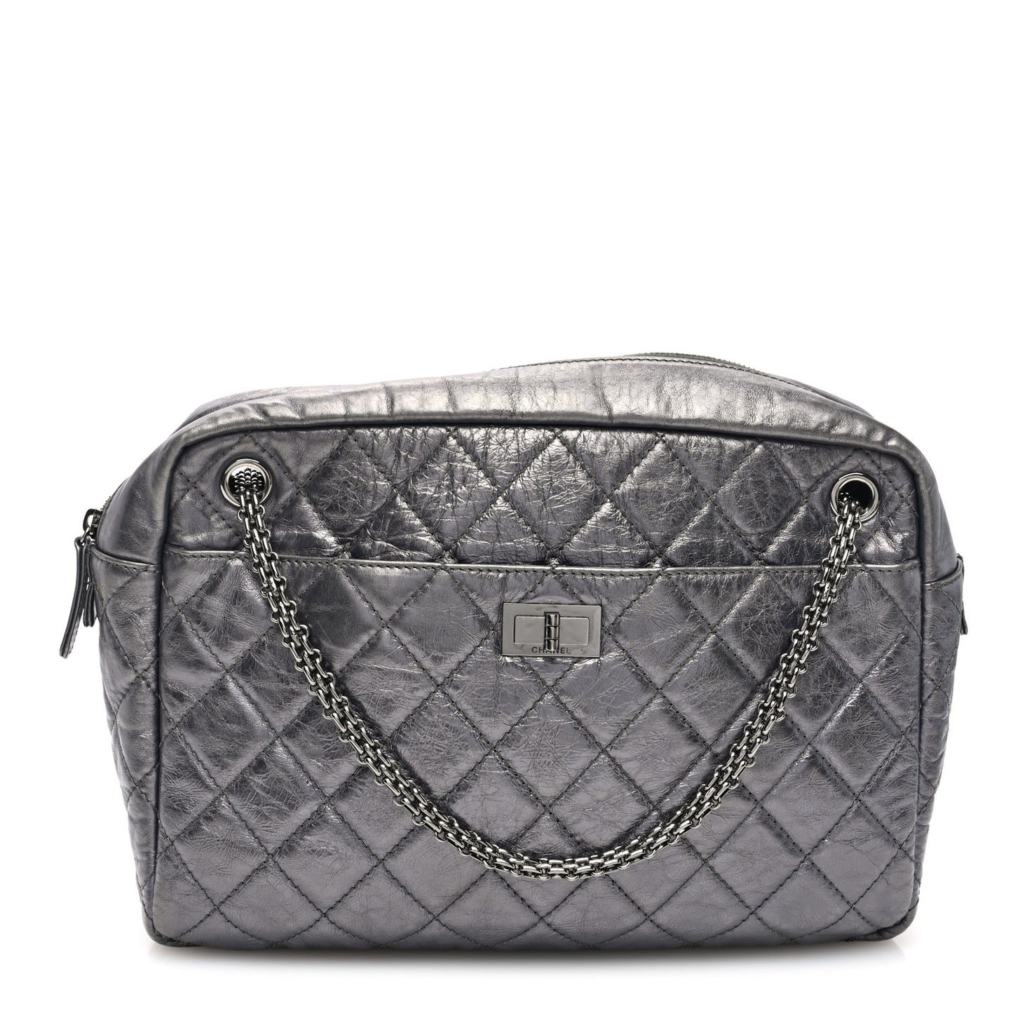Metallic Aged Calfskin Quilted Large Reissue Camera Case Silver