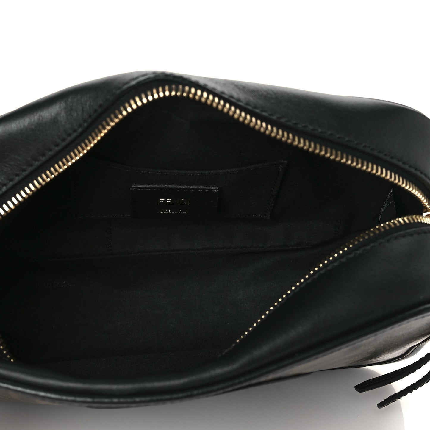 Glazed Fabric Vitello Century F is Fendi FF 1974 Stamp Patch Camera Case Mogano Panna Black