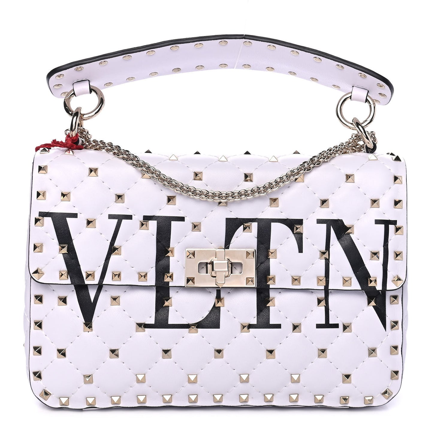 Lambskin VLTN Print Medium Rockstud Spike Shoulder Bag Optic White Black