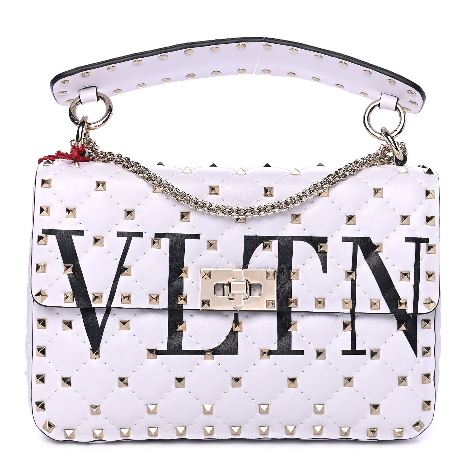 Valentino Garavani Lambskin VLTN Print Medium Rockstud Spike Shoulder Bag Optic White Black 1 of 5