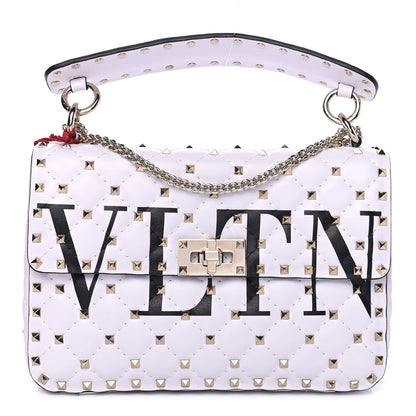 Valentino Garavani Lambskin VLTN Print Medium Rockstud Spike Shoulder Bag Optic White Black 1 of 5