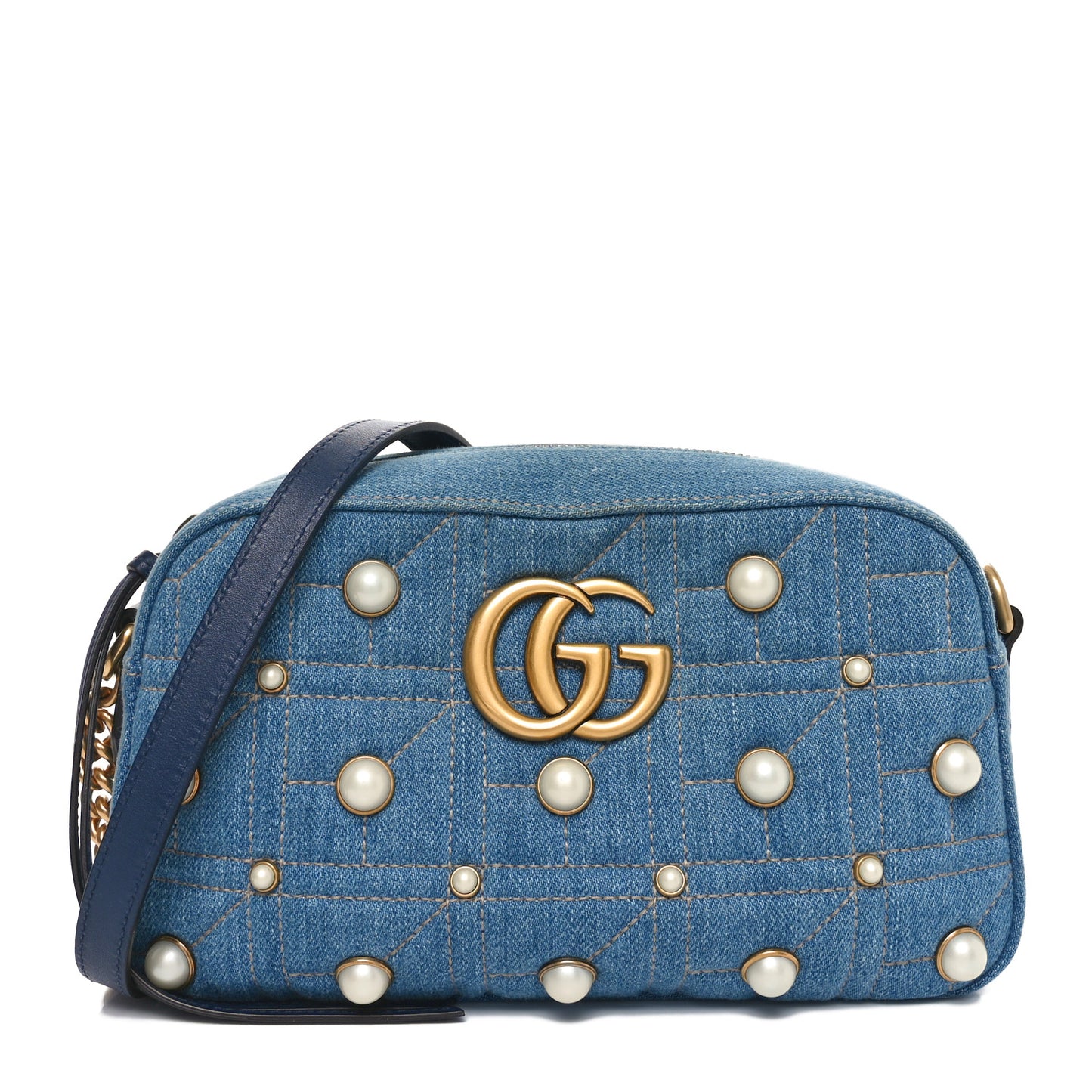 Denim Matelasse Pearl Studded Small GG Marmont Chain Shoulder Bag Blue