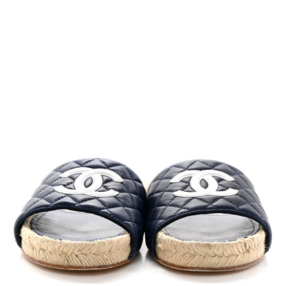 Chanel Lambskin Quilted CC Espadrille Slip On Sandals 39 Navy 2 of 8