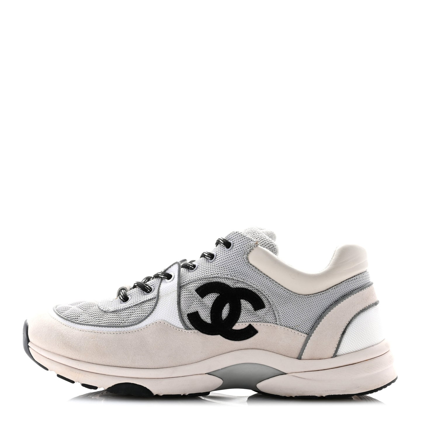 Mesh Suede Calfskin Grained Calfskin Mens CC Sneakers 45 Gray White