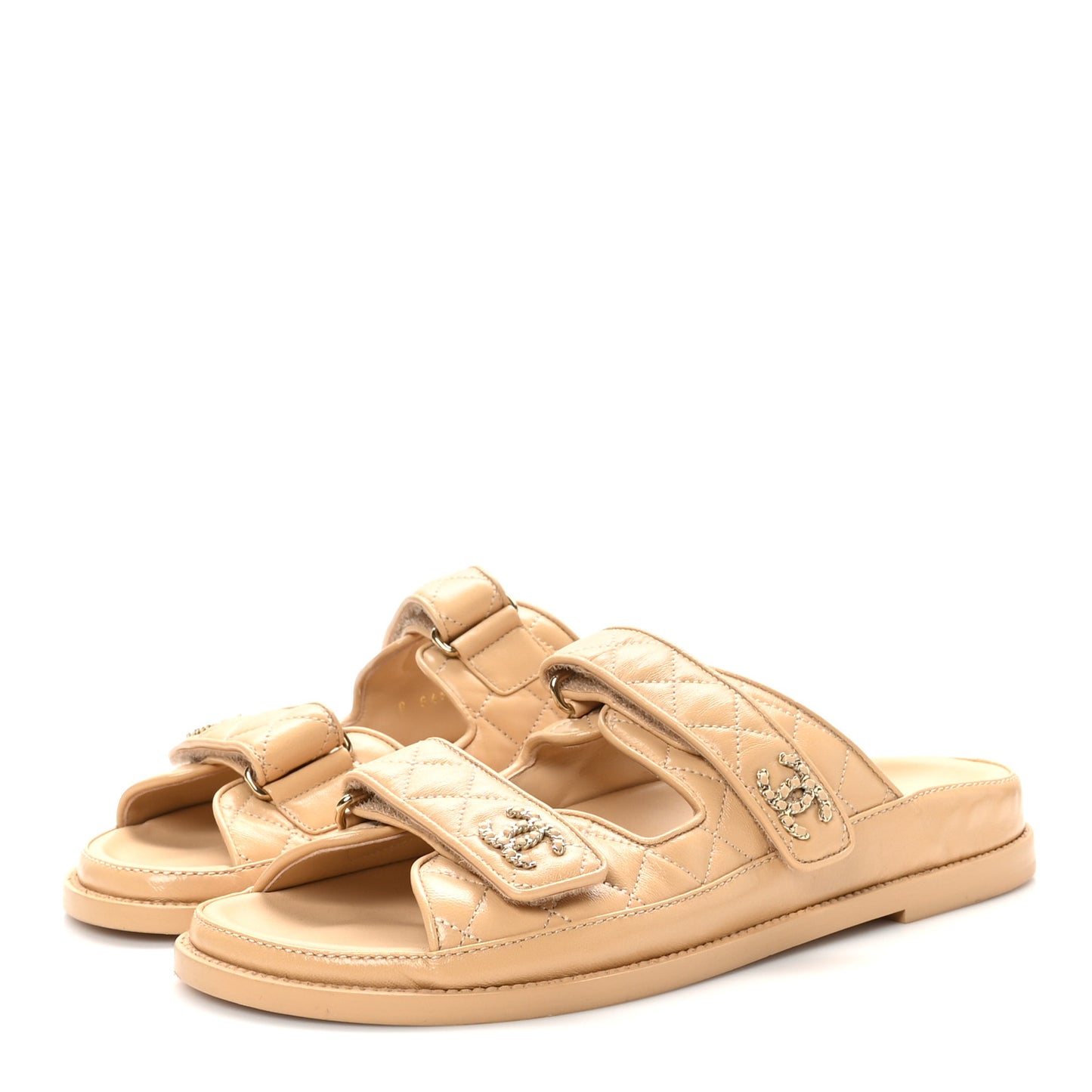 Lambskin Quilted Velcro Dad Chain CC Slide Sandals 40 Beige