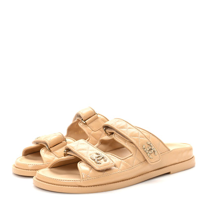 Chanel Lambskin Quilted Velcro Dad Chain CC Slide Sandals 40 Beige 4 of 10