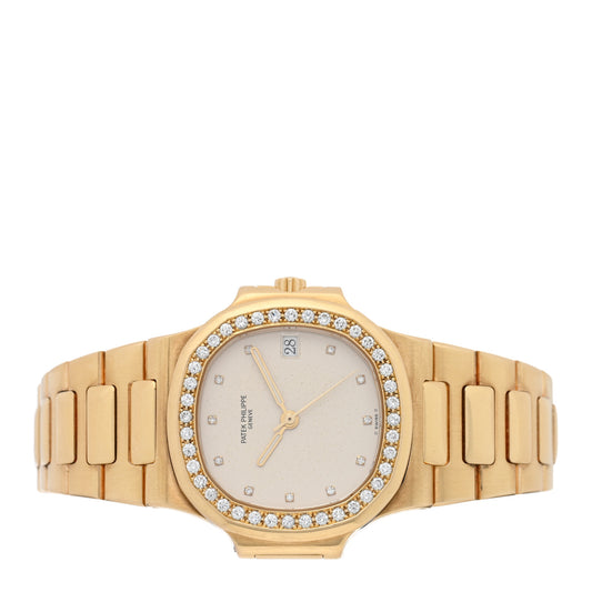 18K Yellow Gold Diamond Bezel 37mm Nautilus Quartz Watch Silver 3800/3
