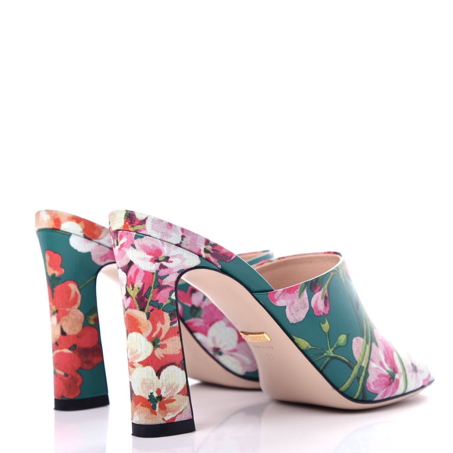 Gucci Calfskin Blooms Print High Heel Slide Sandals 37 Bright Emerald Multicolor 4 of 11