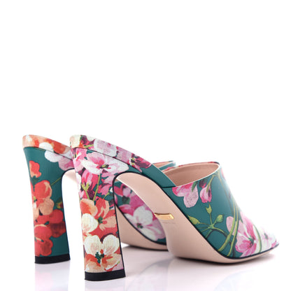 Gucci Calfskin Blooms Print High Heel Slide Sandals 37 Bright Emerald Multicolor 4 of 11